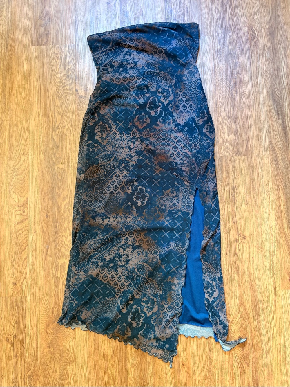 UO Blue Paisley Strapless Dress with Side Slit